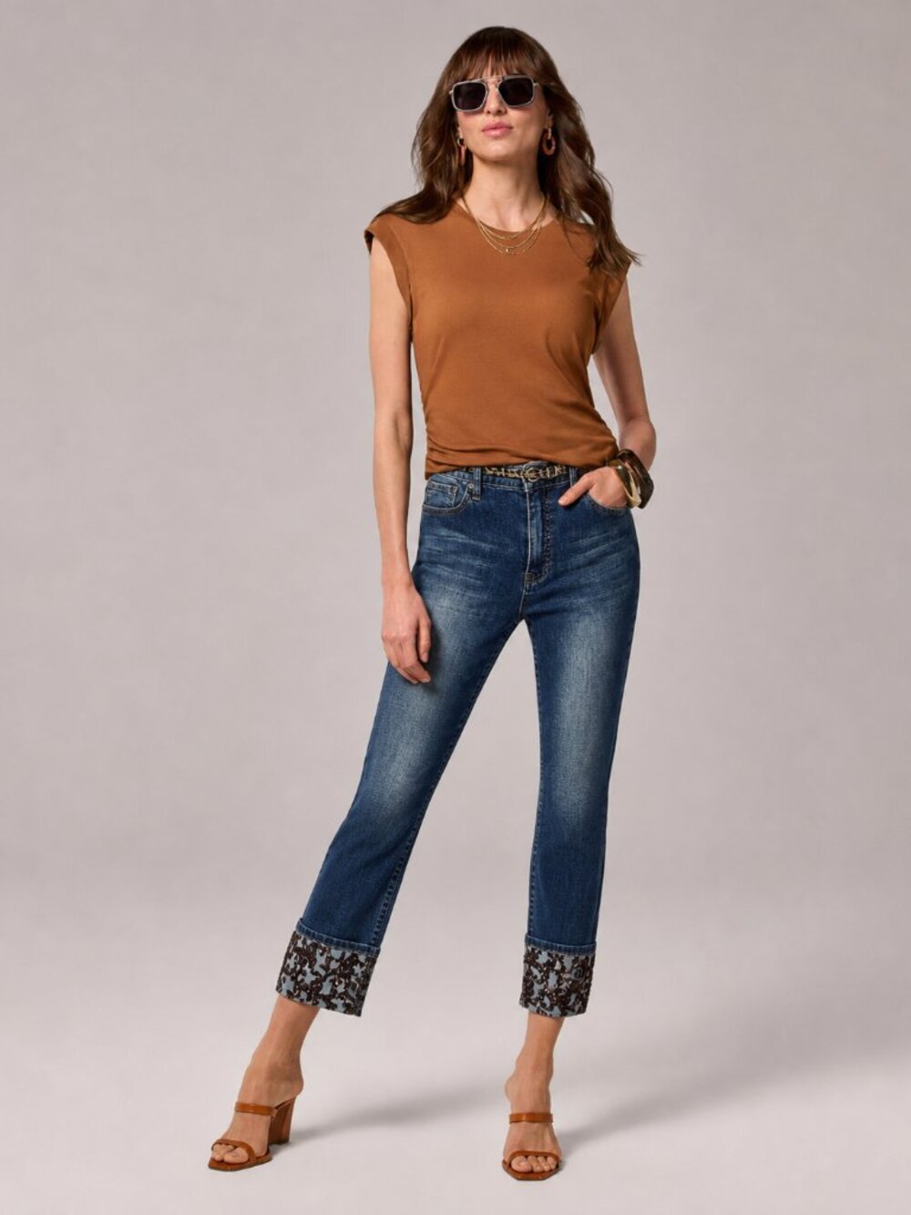 SLIM-SATION Sequin-Trim Cuffed Ankle Jeans Medium Denim 12